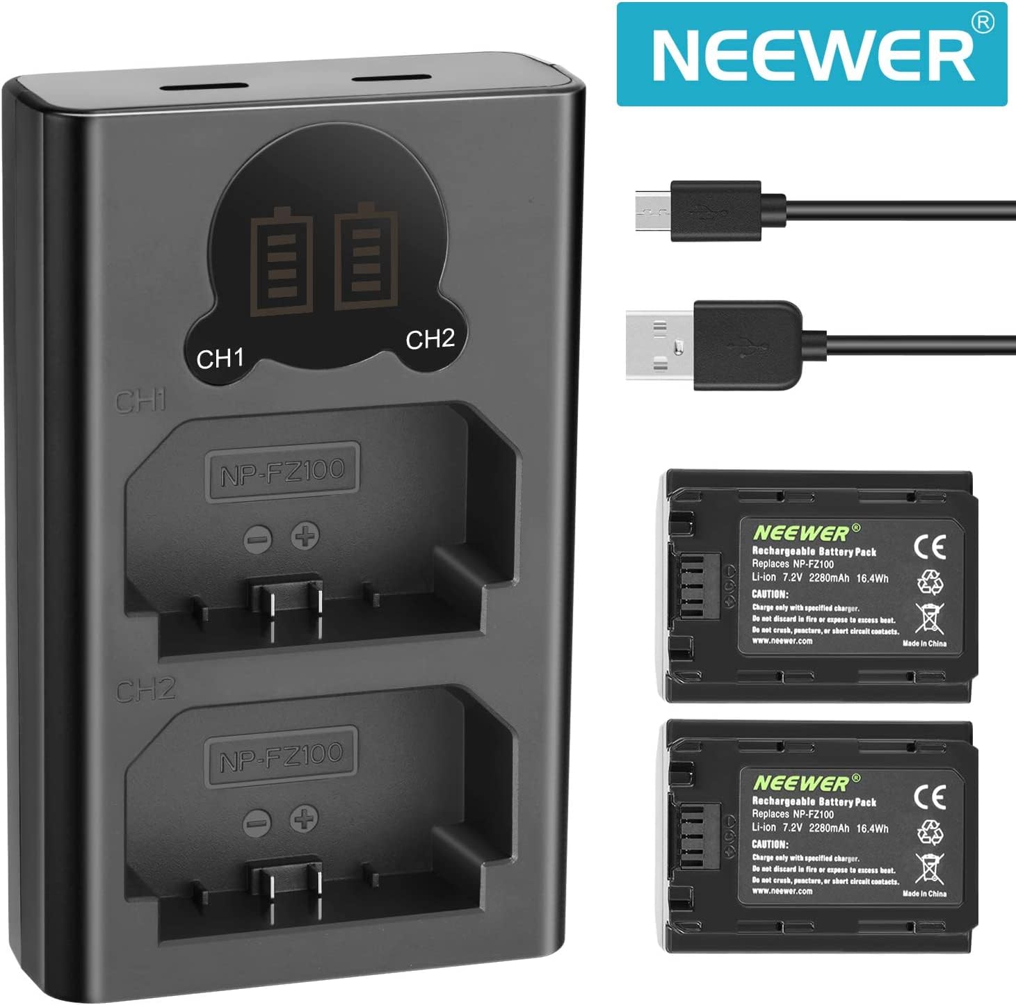 Neewer Np Fz100 2280Mah Replacement Battery And Charger With Lcd Screen, 2 Packs, Compatible With Sony A1, A9 Ii, A7R Iii, A7R I