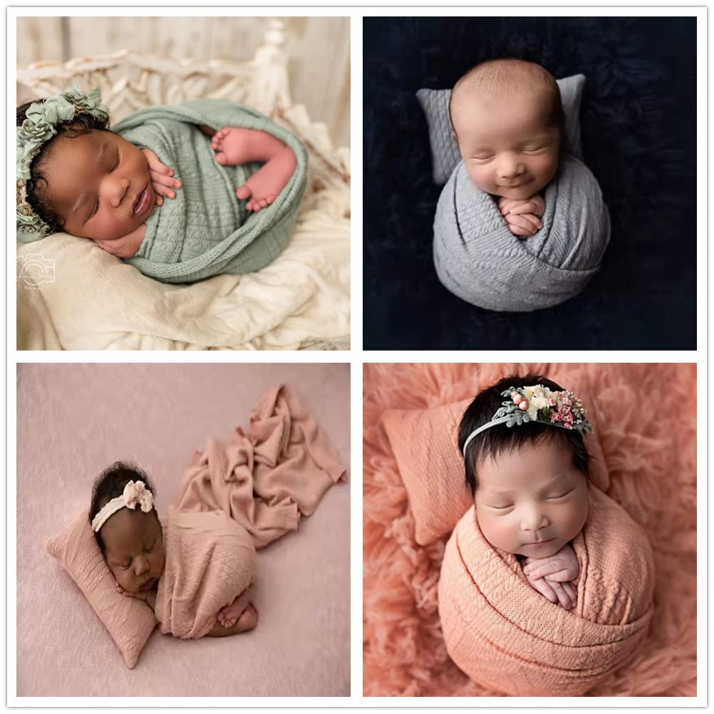 Coberllus Newborn Photography Props Blanket Stretch Knitted Twist Wrap & Posing Pillow Prop For Baby Boys Girls Photo Shoot Set