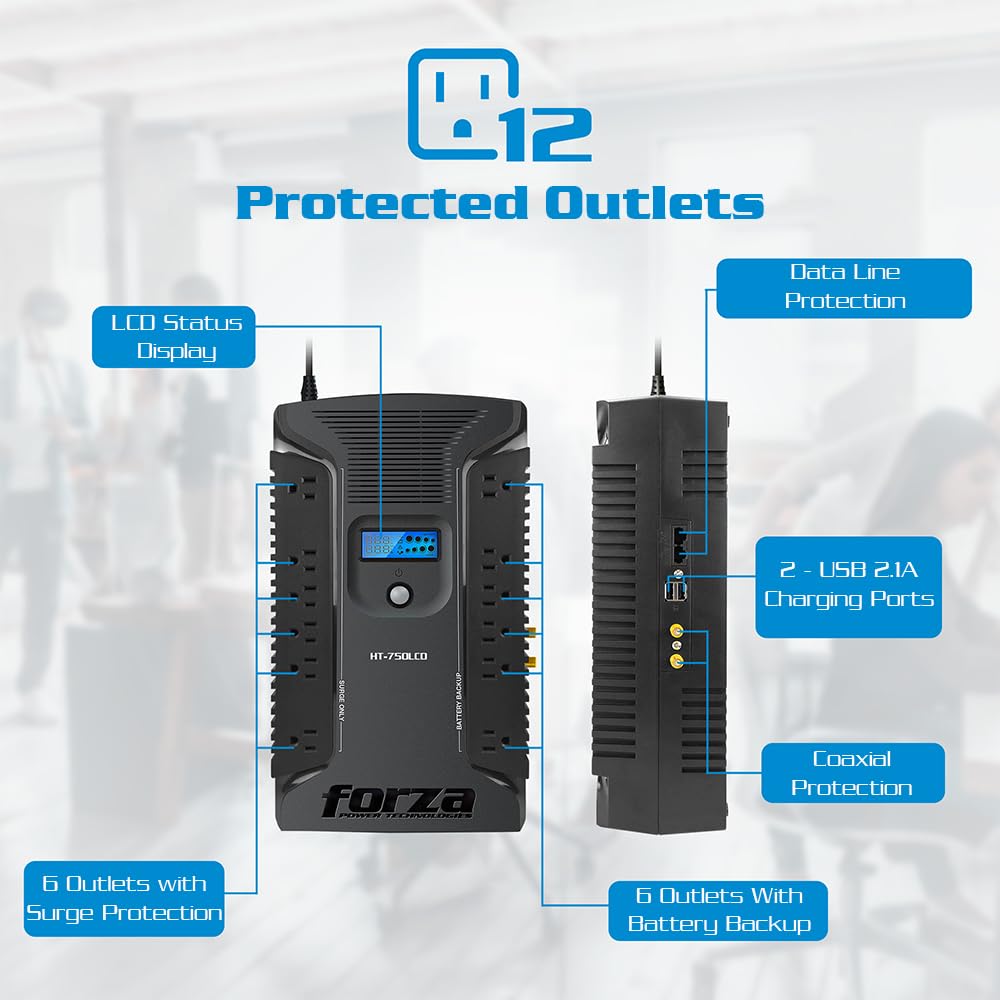 Forza Ups 1000Va/600W Line Interactive Uninterrupted Battery Backup Supply, 12 Outlets, Avr, Lcd Screen, Usb, Coaxial, 3 Year Wa