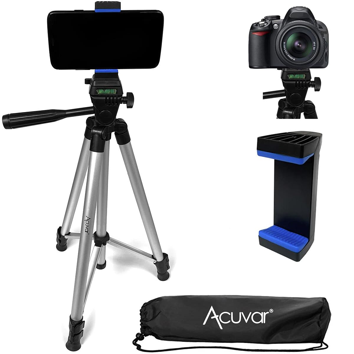 Acuvar 50 Smartphone, Camera & Camcorder Tripod with Phone Mount to Fit All Phones, iPhone & All Samsung Galaxy Android & Nikon 