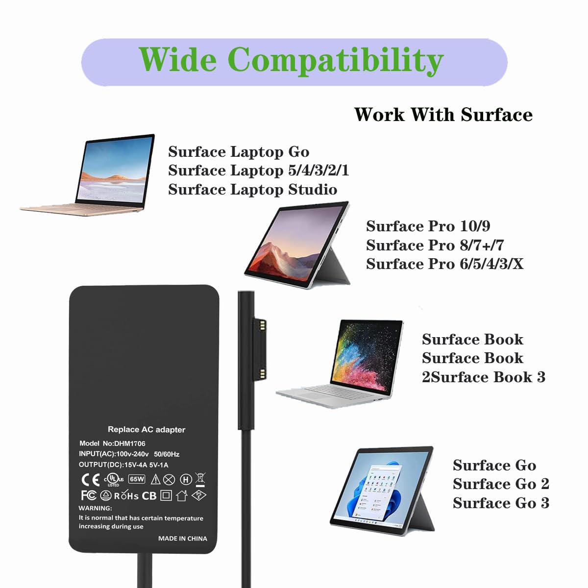 Surface Pro Charger 65W 15V 4A Surface Laptop Charger Replacement For Microsoft Surface Pro X/9/8/7/6/5/4/3 Surface Laptop1/2/3/