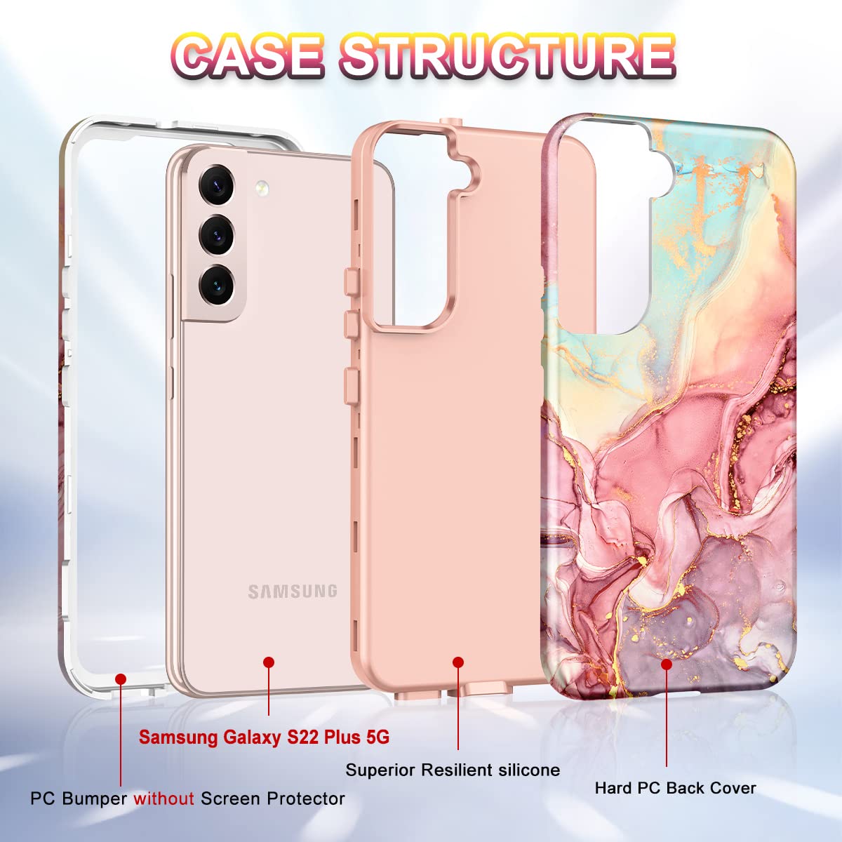 Btscase For Samsung Galaxy S22+/S22 Plus 5G Case, Marble Pattern 3 In 1 Heavy Duty Shockproof Full Body Rugged Hard Pc+Soft Sili