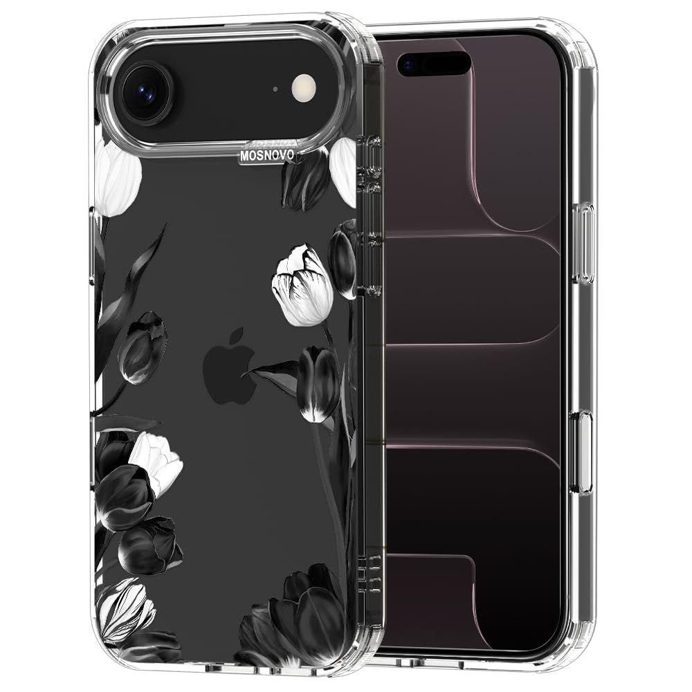 MOSNOVO for iPhone Air Case | Military Grade 6.6ft Drop Tested | Camera Control | Clear with Black White Tulips Design