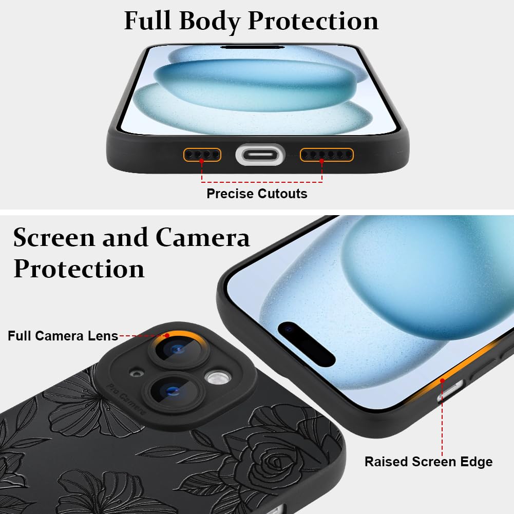 Lsl Case For Iphone 15 Plus Black Floral Flower Pattern Print Case Soft Tpu Full Camera Lens Anti Drop Anti Scratch Shockproof P