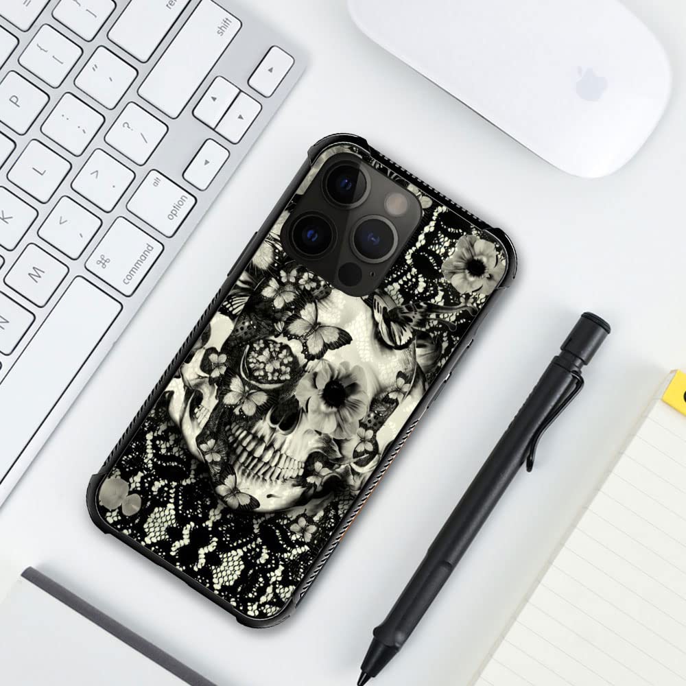 ZHEGAILIAN iPhone 14 Pro Phone Case Victorian Gothic Lace Skull Tempered Glass Back Soft TPU Shock Protective