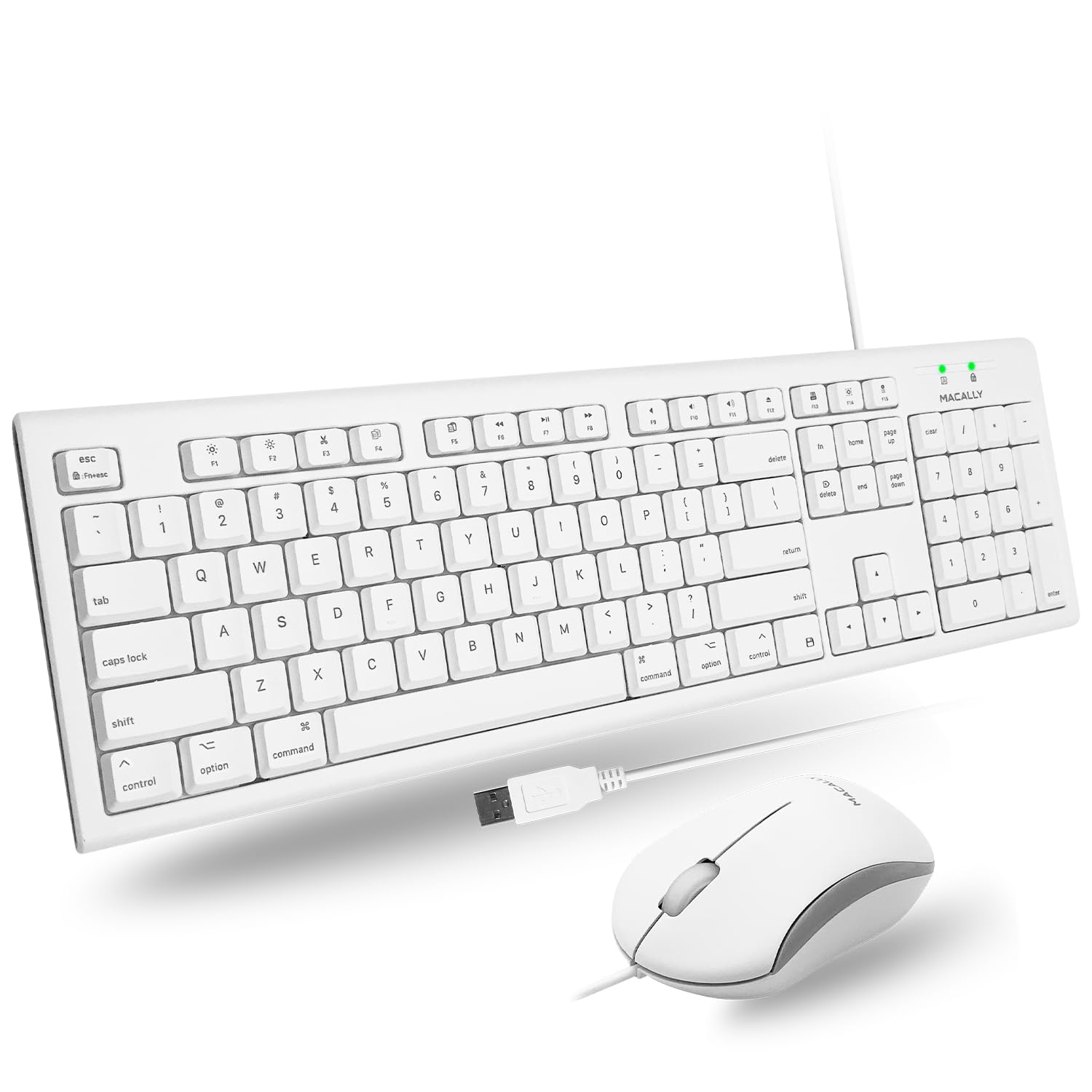 Macally Full Size USB Wired Mac Keyboard and Mouse Combo - Compatible Ergonomic Apple Keyboard and Mouse with Mac Shortcuts and 