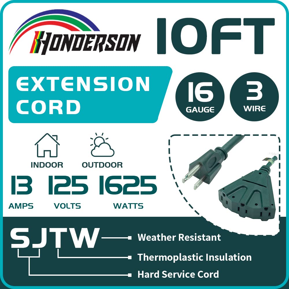 Honderson 3 Outlets Indoor Outdoor Extension Cord Weatherproof, Ul Listed, 16 Gauge 10Ft Green 3 Prong Heavy Duty, 16/3 Sjtw 13A