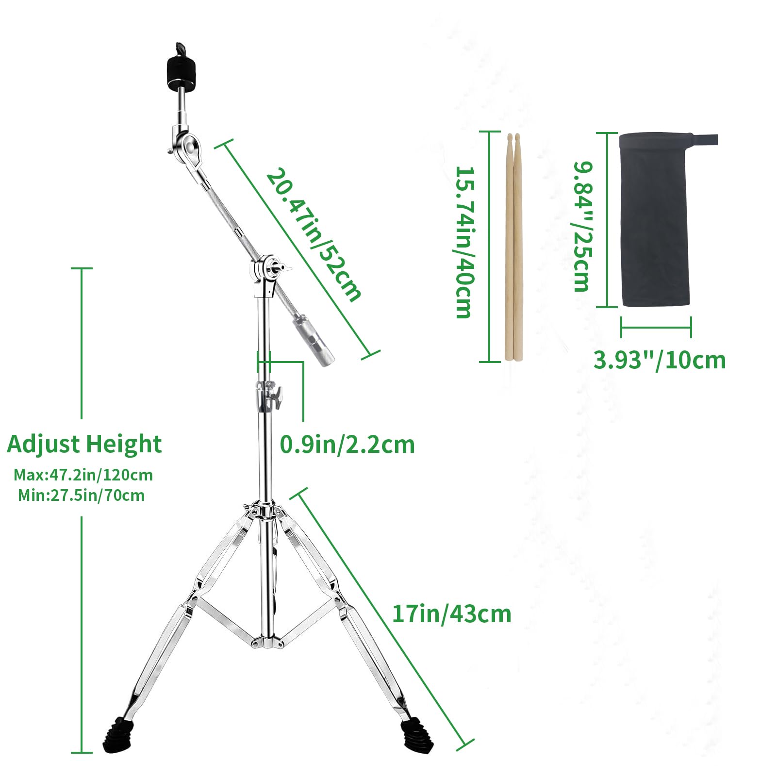 2 Pack Boom Cymbal Stand + Drum Sticks Holder + Two Pair Of 5A Drum Sticks, Adjustable Cymbal Stand With Counterweight Adapter F