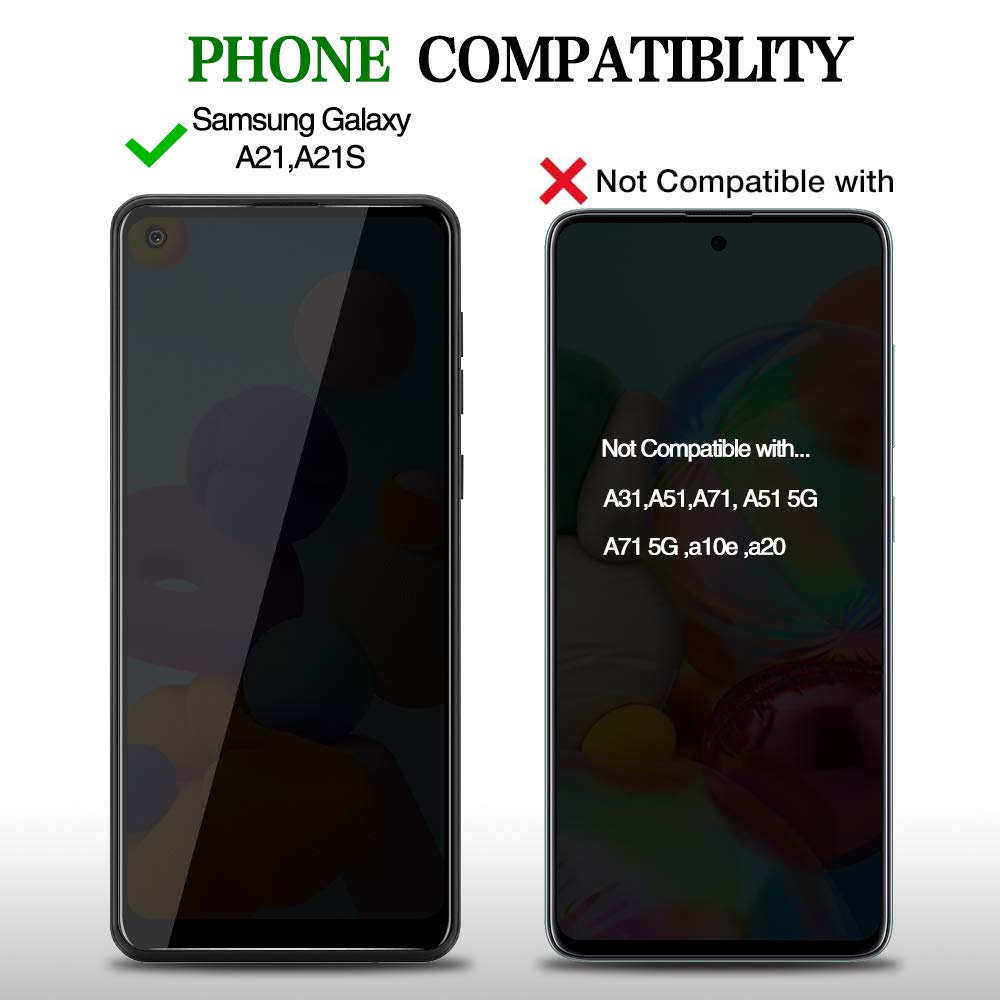 [2 Pack] For Samsung Galaxy A21/A21S Privacy Screen Protector, [Full Coverage] Anti Spy Hd Clarity 9H Tempered Glass Screen Prot