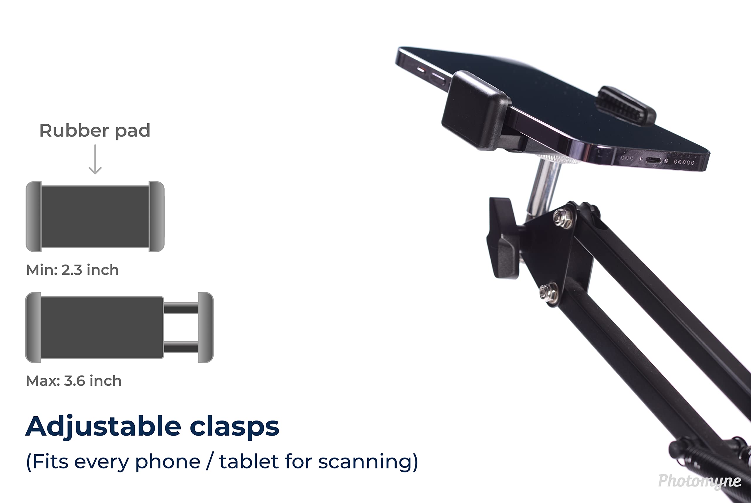 Photomyne Sturdy Flexible Phone Holder For Desk, Table, Office, Kitchen With Clamp For Photo Album Scanning, Iphone Holder For Desk  Black