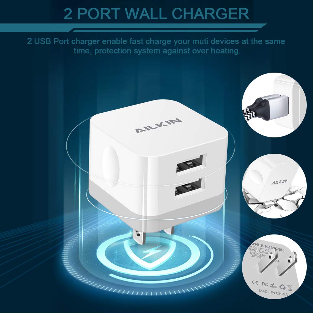 2Pack Usb Wall Charger Plug, Ailkin 2.4A Dual Port Usb Adapter Power Cube Fast Charging Station Box Base For Iphone 17 16 15 14