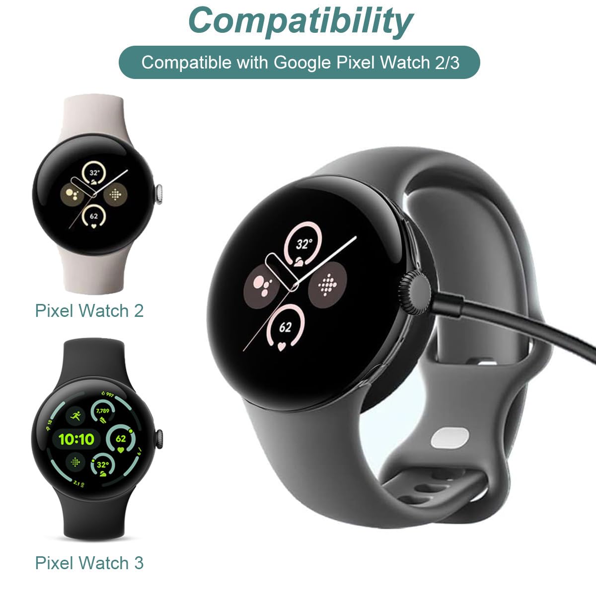 Charger For Google Pixel Watch 2 & 3, Replacement Usb-A/C Charging Cable Cord For Smart Watch (3.3Ft/1M) (Black)