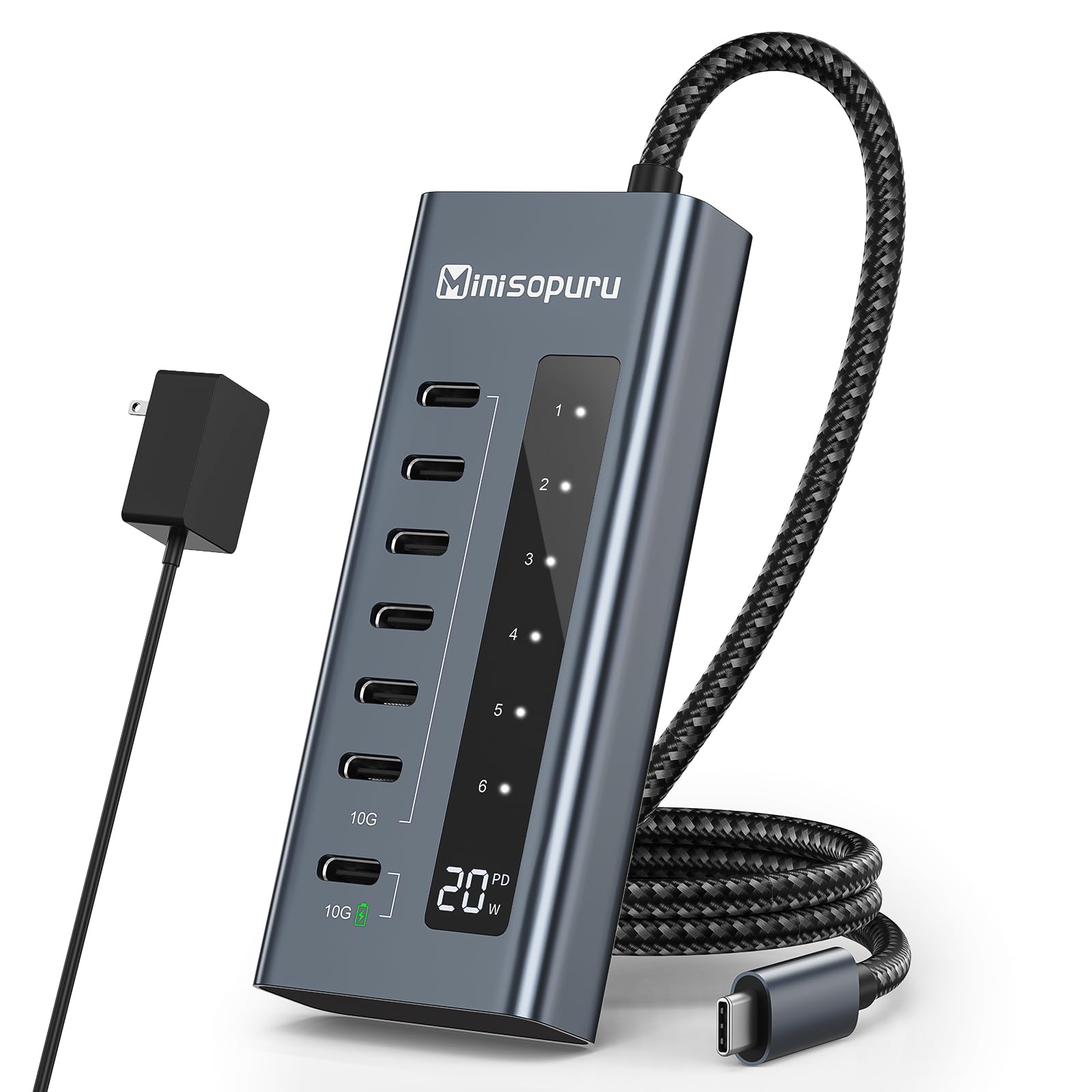 Minisopuru Powered Usb C Hub, 7 In 1 Usb C Hub Support 10Gbps Data & 20W Charging, Usb C To Usb C Hub Multiport Adapter For Macb