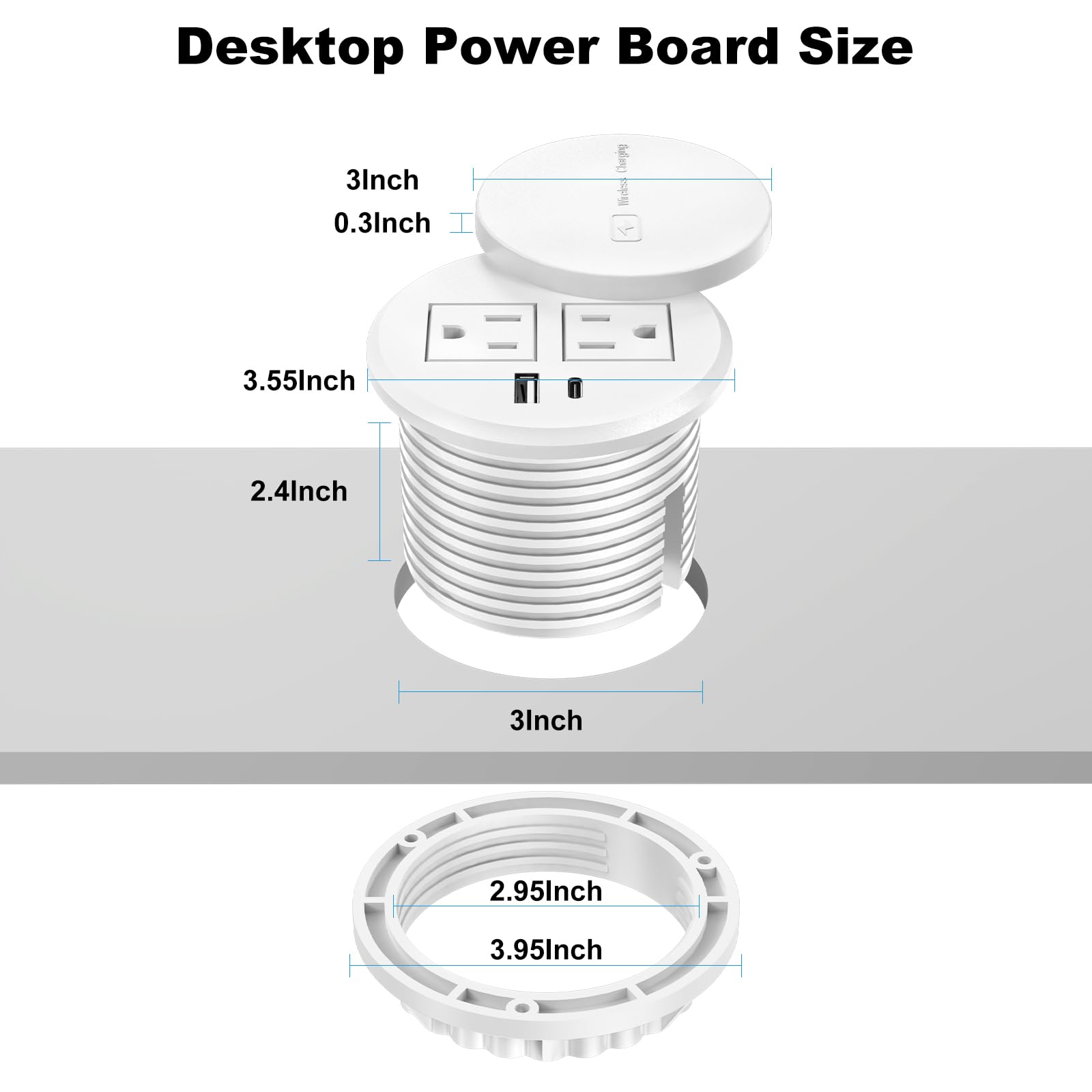 3 Inch Desk Recessed Power Grommet With 15W Wireless Charger, 20W Usb C Fast Charging Countertop Grommet Mount Power Outlet, Wit