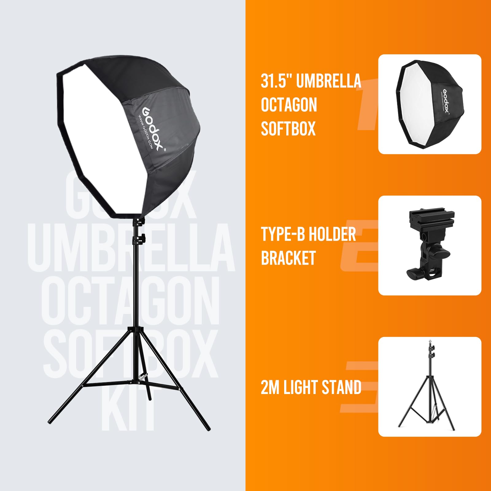 Godox Portable 80cm 31.5in Octagon Umbrella Softbox with 190cm Light Stand & Hot Shoe Bracket Kit for Flash Speedlite Black/White Silver