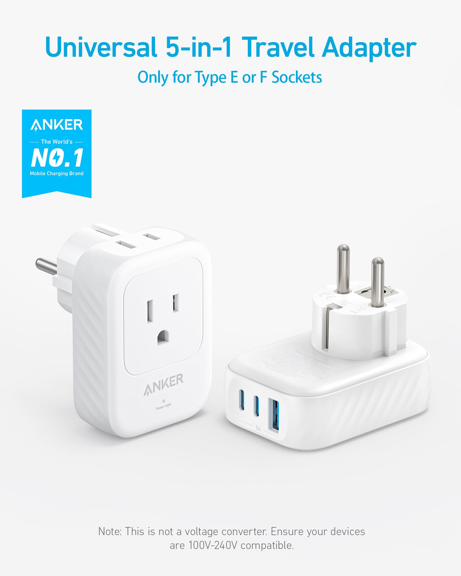 Anker European Travel Plug Adapter, 15W Usb C Power Plug, Fits Type E/F Sockets With 2 Ac Outlets, 2 Usb C & 1 Usb A Port, Compa