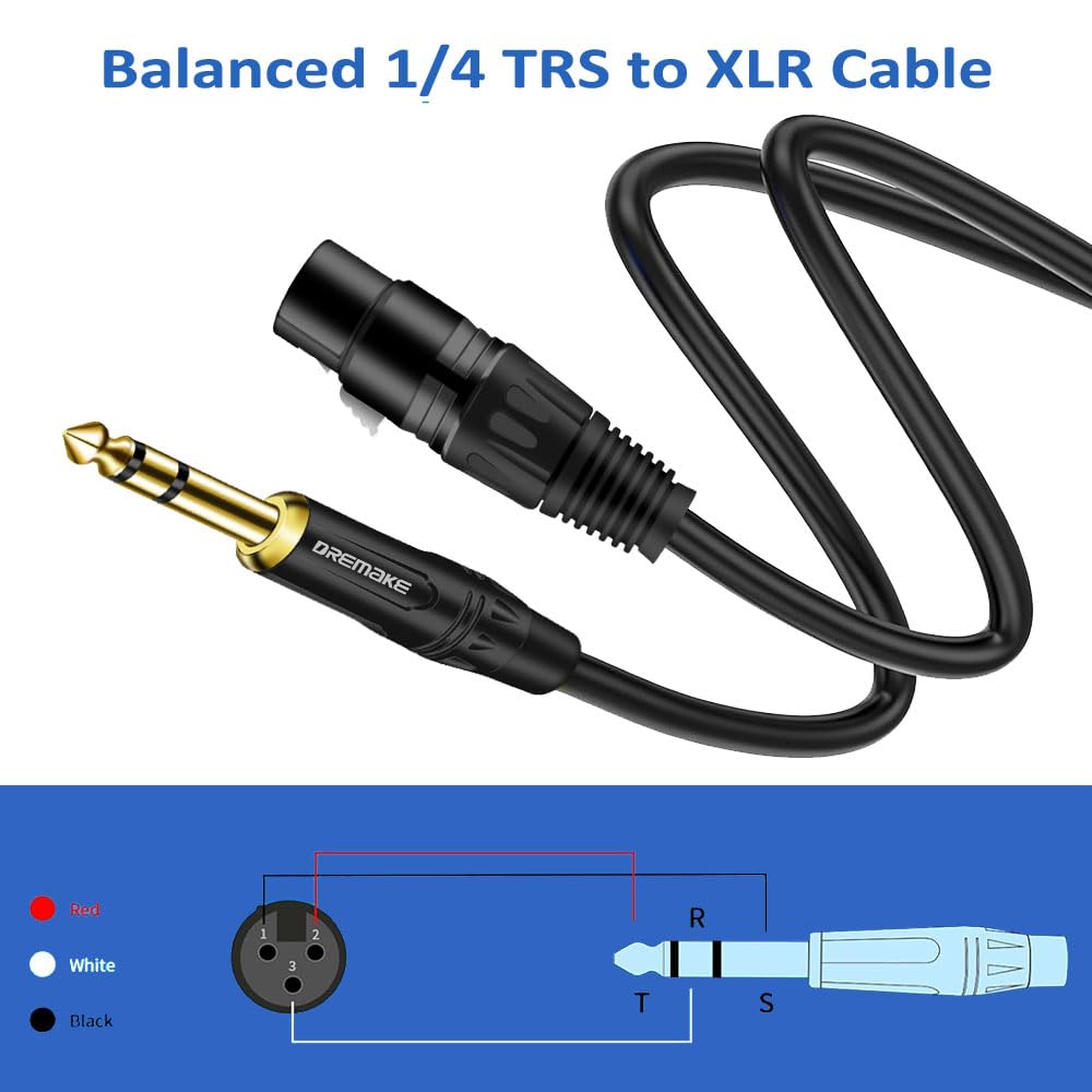 Dremake Balanced Cable 33 Foot Trs 6.35Mm (1/4 Inch) Male To Xlr Female Mic Cable For Amplifier, Speakers   Black