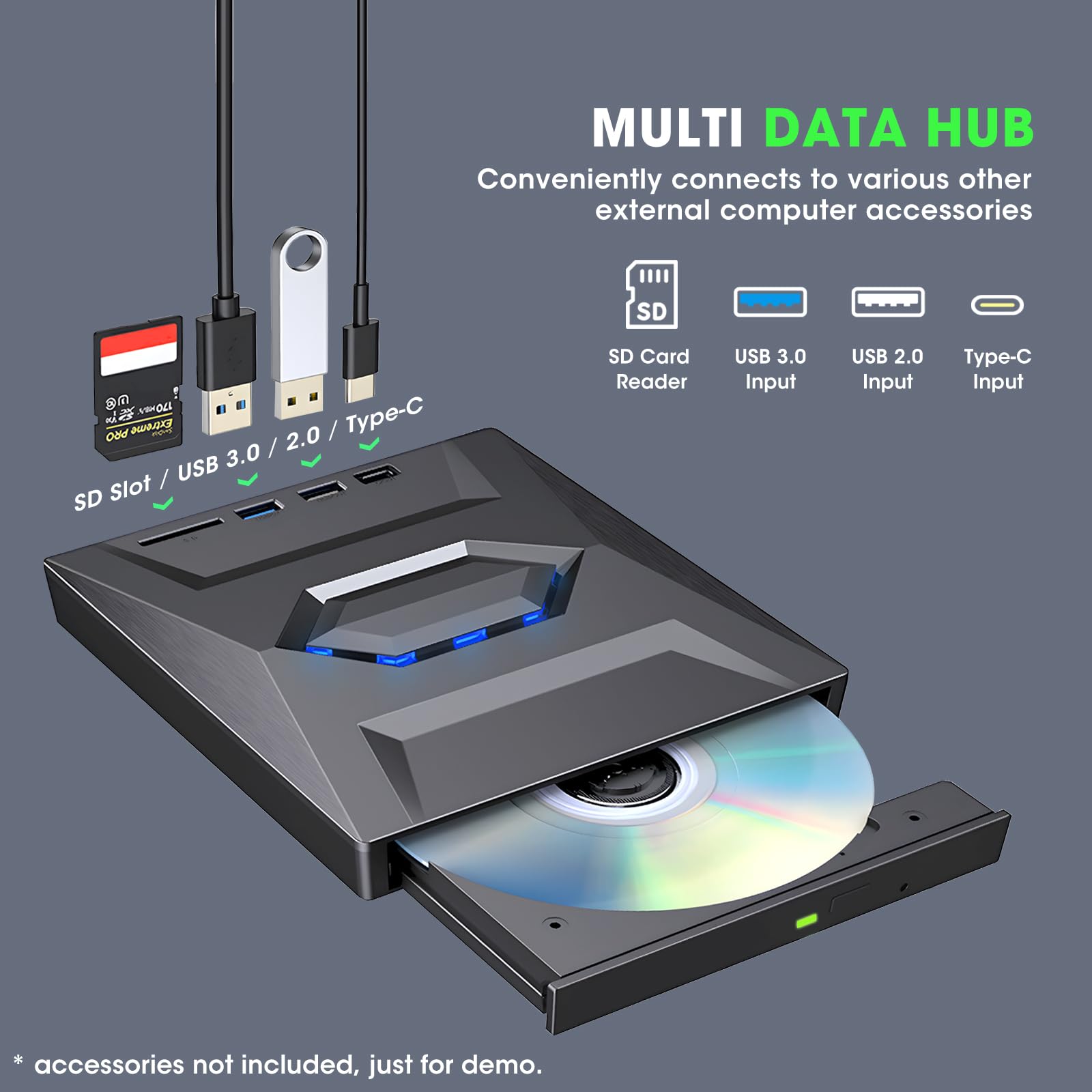Roofull External Cd Dvd Drive Player Cd Burner With Usb 3.0/Usb C Ports Hub And Sd Card Reader, Portable Cd Dvd Rom +/ Rw Optica