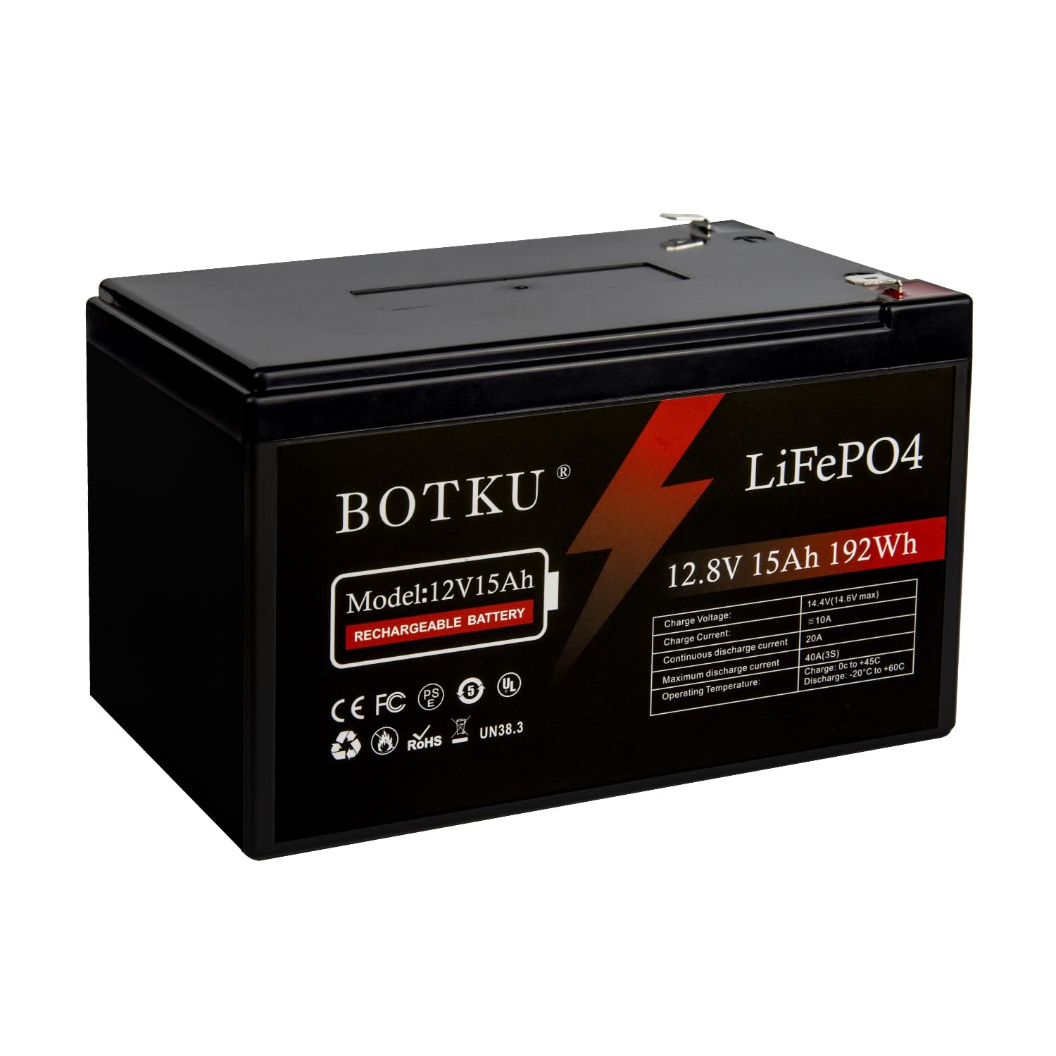 BOTKU 12V 15Ah Lithium LiFePO4 Deep Cycle Battery, 3000+ Cycle Rechargeable Lithium Iron Phosphate Battery for Solar, Fish Finde