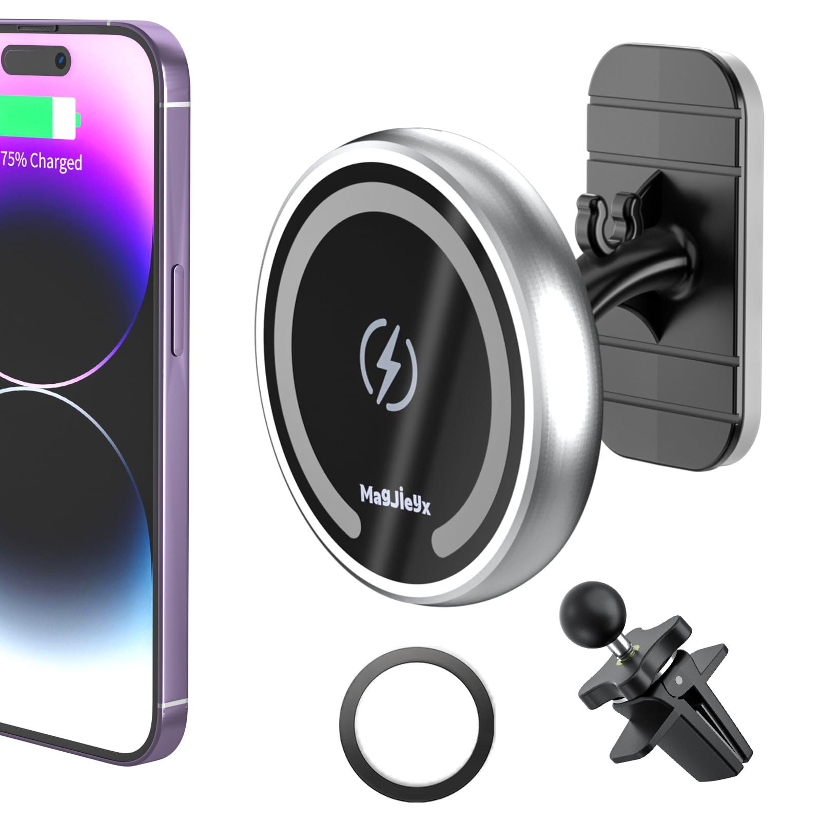 Magjieyx For Magnetic Magsafe Car Charger Mount, Wireless 15W Fast Charging Phone Holder Compatible With Iphone16,15,14 Pro Max,
