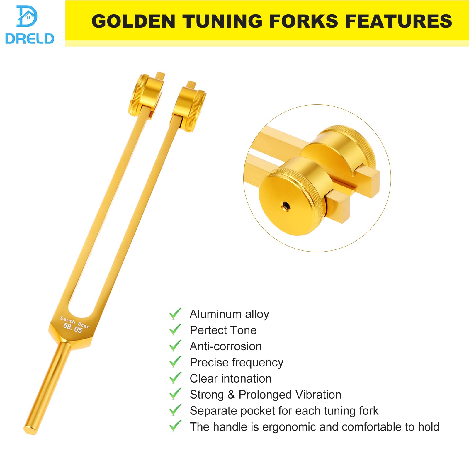 Weighted Chakra Tuning Fork Of 9 Gold, 8 Chakra + 1 Soul Purpose Tuning Forks With Hammer And Bag