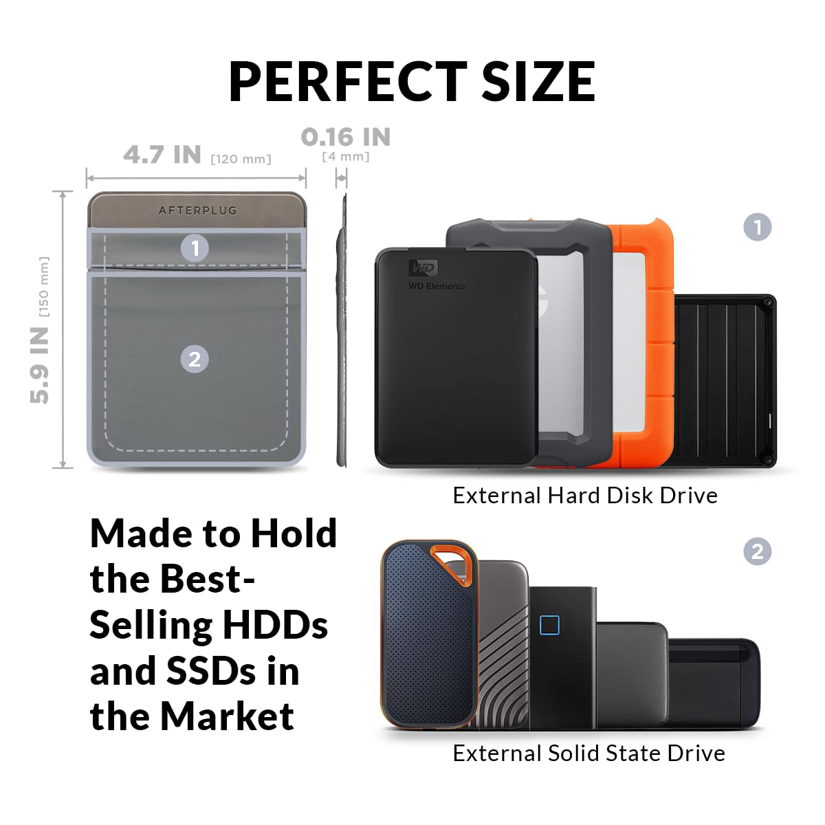 Afterplug 2 Pocket Adhesive Pouch For Laptop, Compatible With External 2.5' Hdd, Ssd, Magic Mouse, Usb Cable And More   Gray