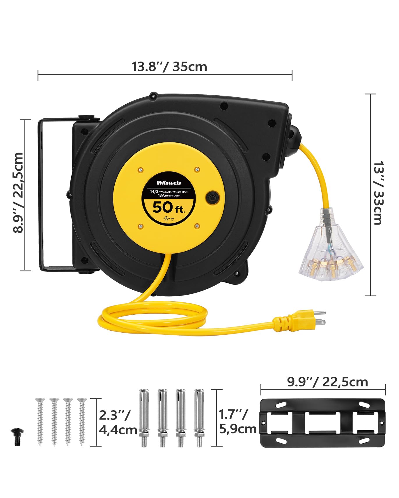Wilawels Retractable Extension Cord Reel, 50 Ft Heavy Duty Power Cord, 14Awg/3C Sjtow, 3 Grounded Outlets Lighted Triple Tap, 13
