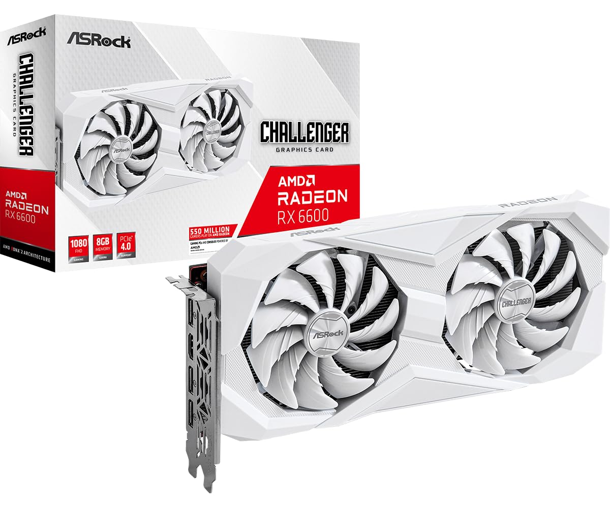 Asrock Amd Radeon Rx 6600 Challenger White 8Gb Gddr6 Graphics Card 0Db Silent Cooling 128-Bit 7680 X 4320 Displayport Hdmi 14 Gbps Dual Fan 7Nm