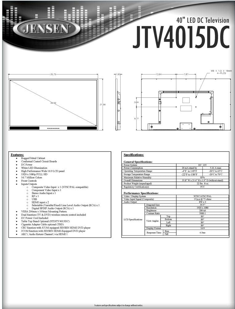 Jensen Jtv4015Dc Widescreen 40 Led Dc Television, 1920 X 1080 Resolution, 200 Cd/M2 Brightness, 5000:1 Contrast Ratio, 89 View A