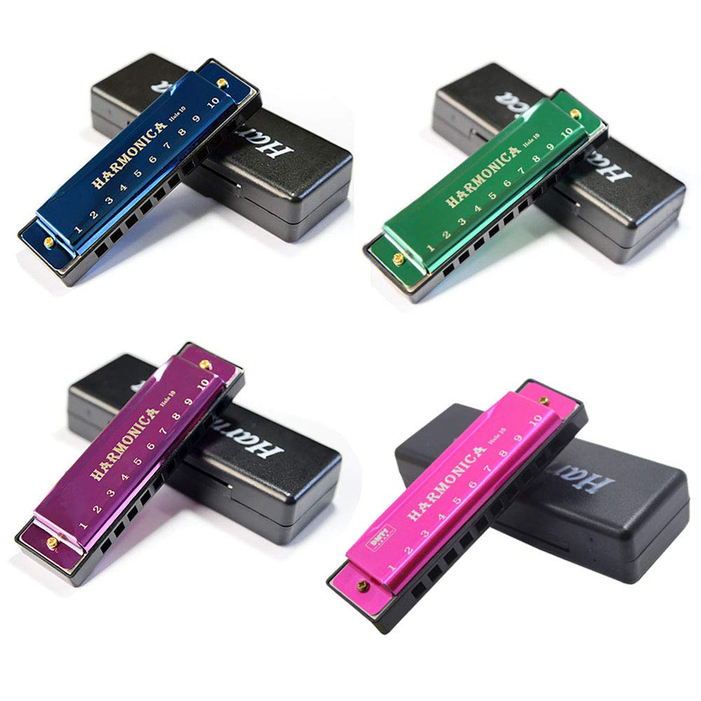 YOKSAS 4PCS Harmonicas Set C Key 10 Hole with Case Cleaning Cloth for Adults Beginner Students Kids(Green,Blue,Purple,Pink)