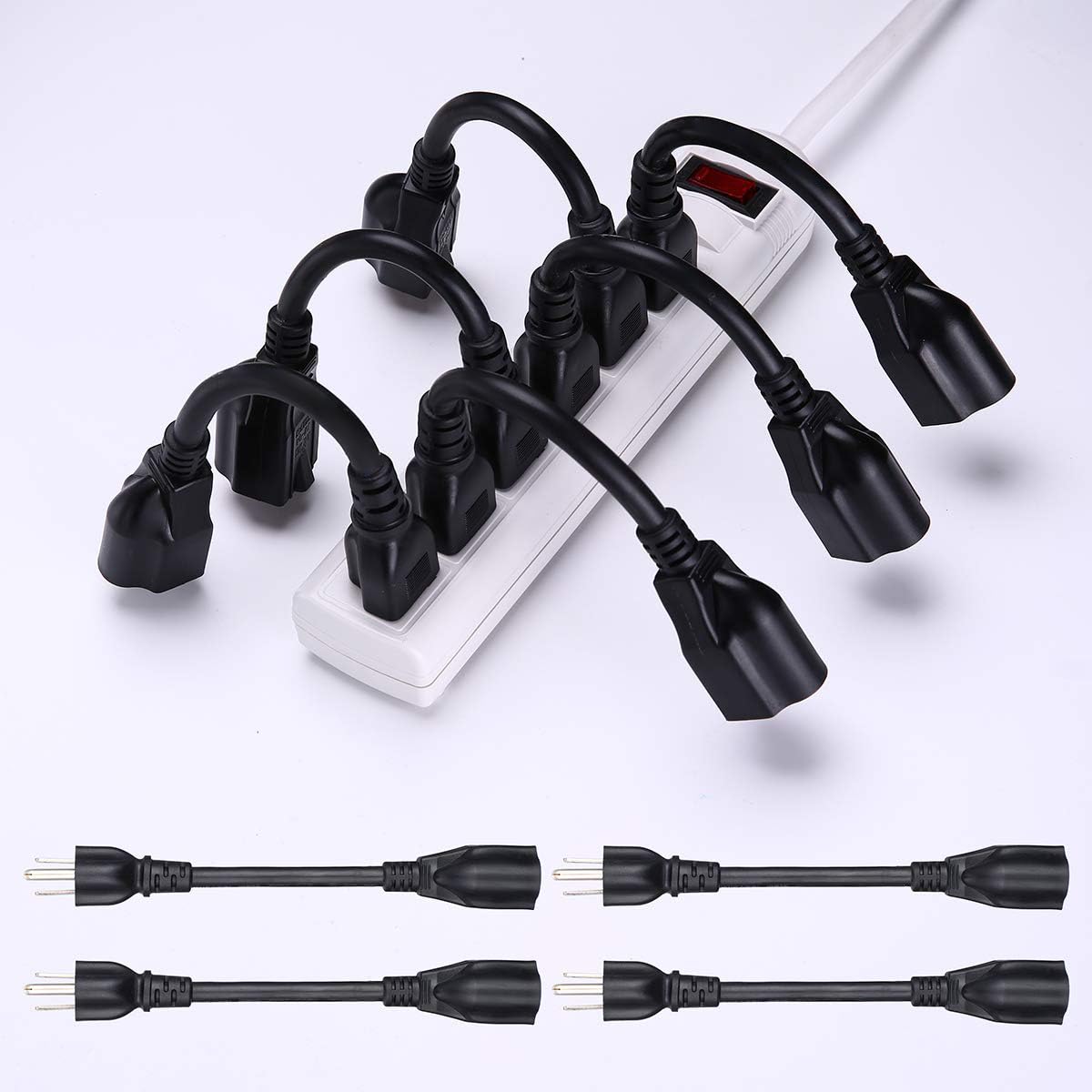 Miady Short Power Extension Cord Outlet Saver, 16Awg/13A, 3 Prong (10 Pack, Black, 8 Inch)