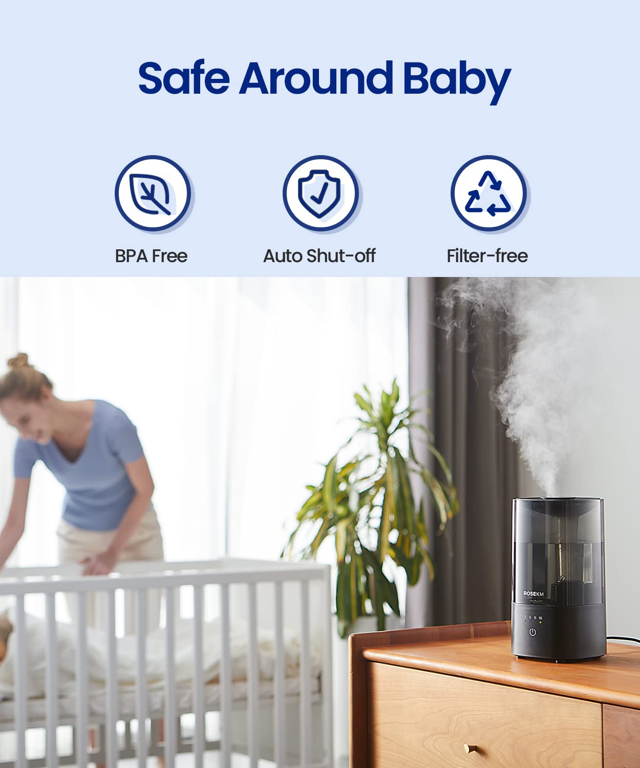 Rosekm Humidifiers For Bedroom (1.1L), Small Cool Mist Humidifier For Home Plant And Baby Nursery, Quiet Ultrasonic Humidifier W