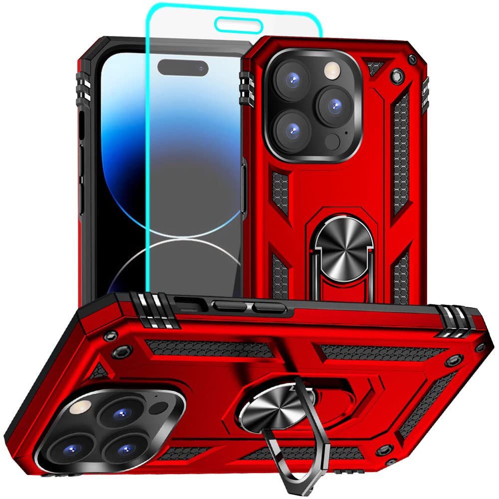 Aozuoton iPhone 14 Pro Case with HD Screen Protector, Military Grade 16ft Drop Tested Ring Shockproof Protective Phone Case for 