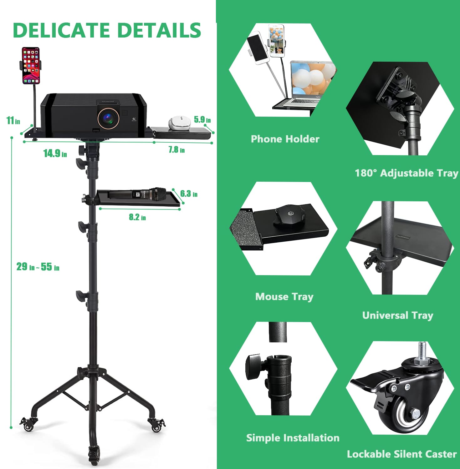 Asltoy Projector Tripod Stand With Wheels Adjustable Height Laptop Tripod Stand Treadmill Laptop Stand With 2 Shelves Phone Hold