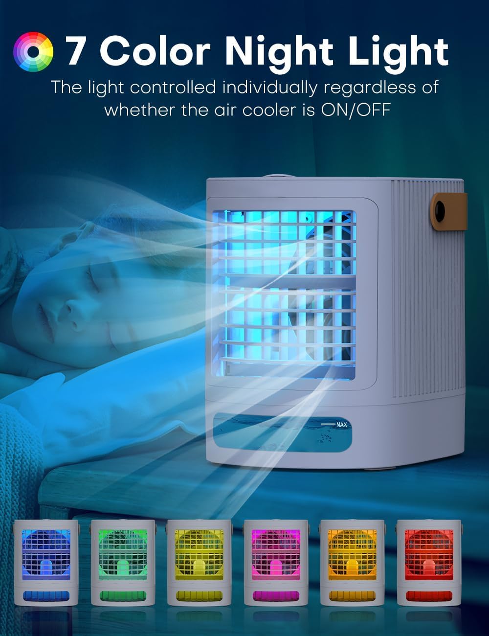 Fancole Portable Air Conditioners, 3 In 1 Small Air Conditioner W/ 3 Level Humidify & 3 Speeds, 7 Color Night Lights, Top Fill T