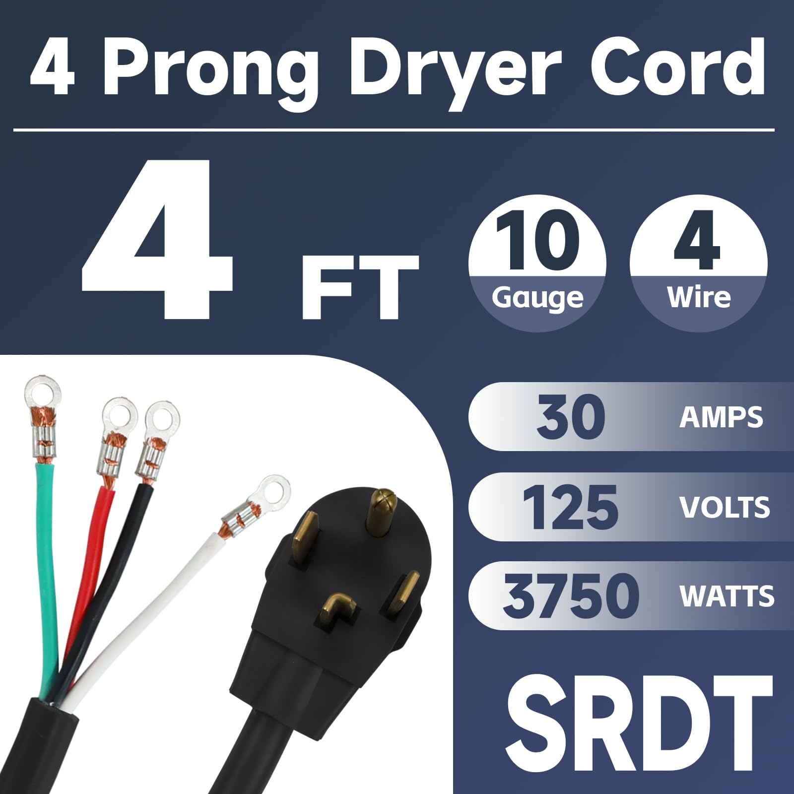Ep 4 Prong Dryer Cord, 4 Ft 10/4 Srdt, 30Amp Appliance Extension Power Cord, Nema 14 30, Black