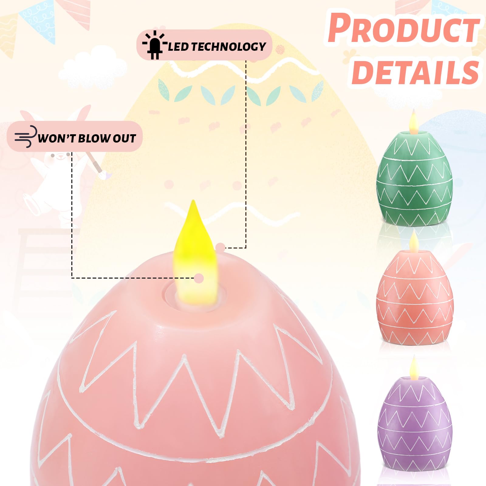 Mtlee 3 Pcs Easter Egg Candles 3 Color Scented Real Wax Led Easter Flameless Candles Spring Battery Operated Egg Shaped Holiday