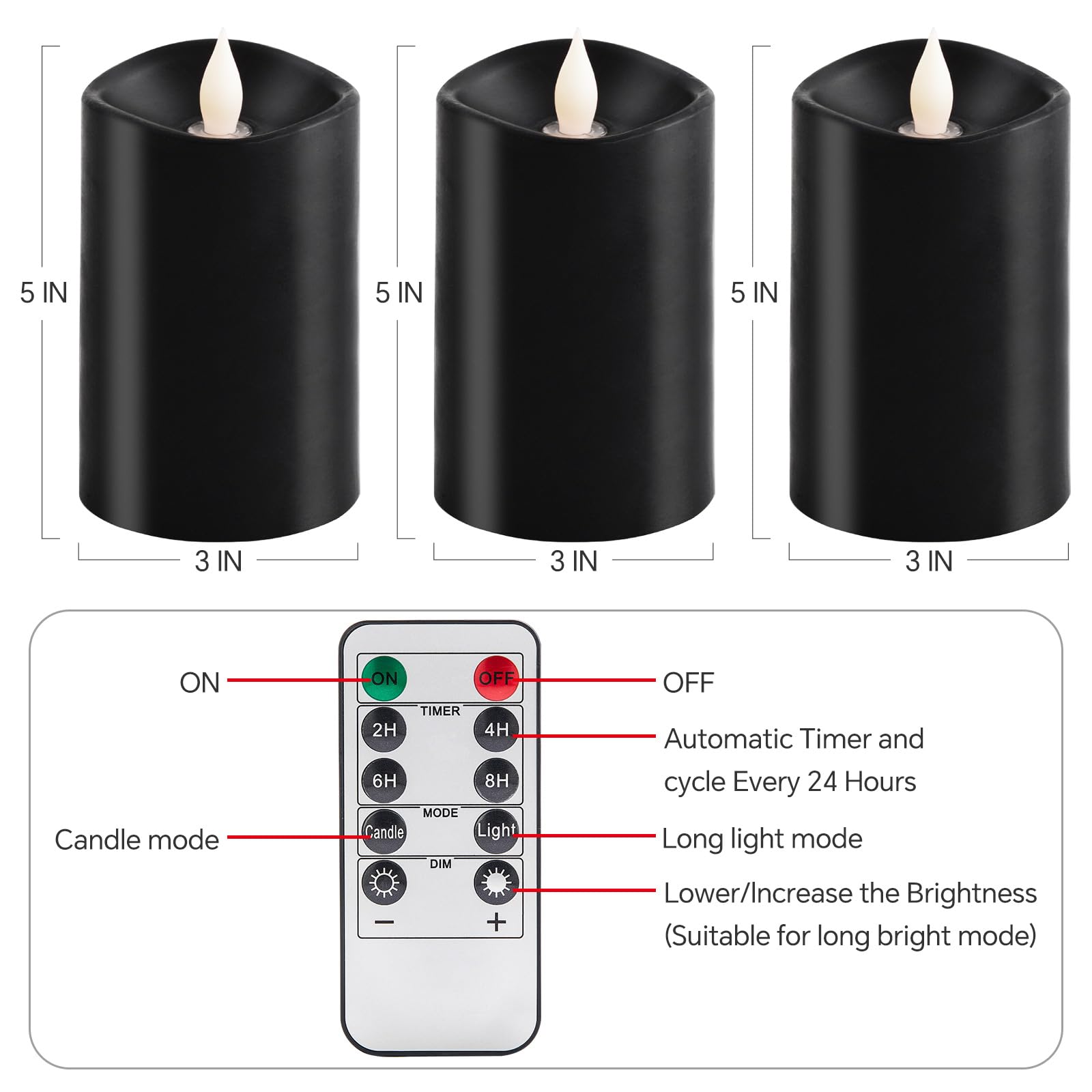 Milysoek 3Pcs, 3 X 5 Inches Flameless Candle With Remote Control, 3D Flickering Wick, Real Wax Pillar Led Candles, Battery Candl