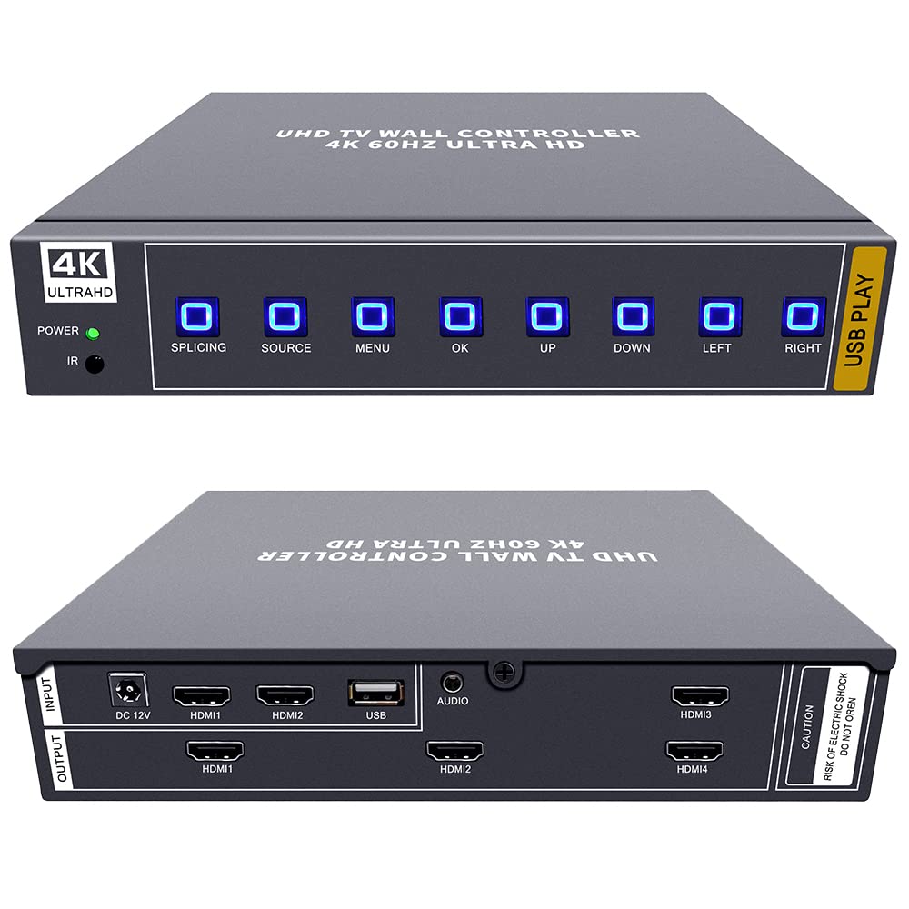 Iseevy 4K60 Hdmi Usb Uhd Video Wall Controller 2X2 1X2 2X1 1X3 3X1 1X4 4X1 Tv Wall Controller For Max 4 Tvs Splicing Display With Hdmi 2.0 And Usb Inputs Support Play Max 4096X2160@60 Video Picture