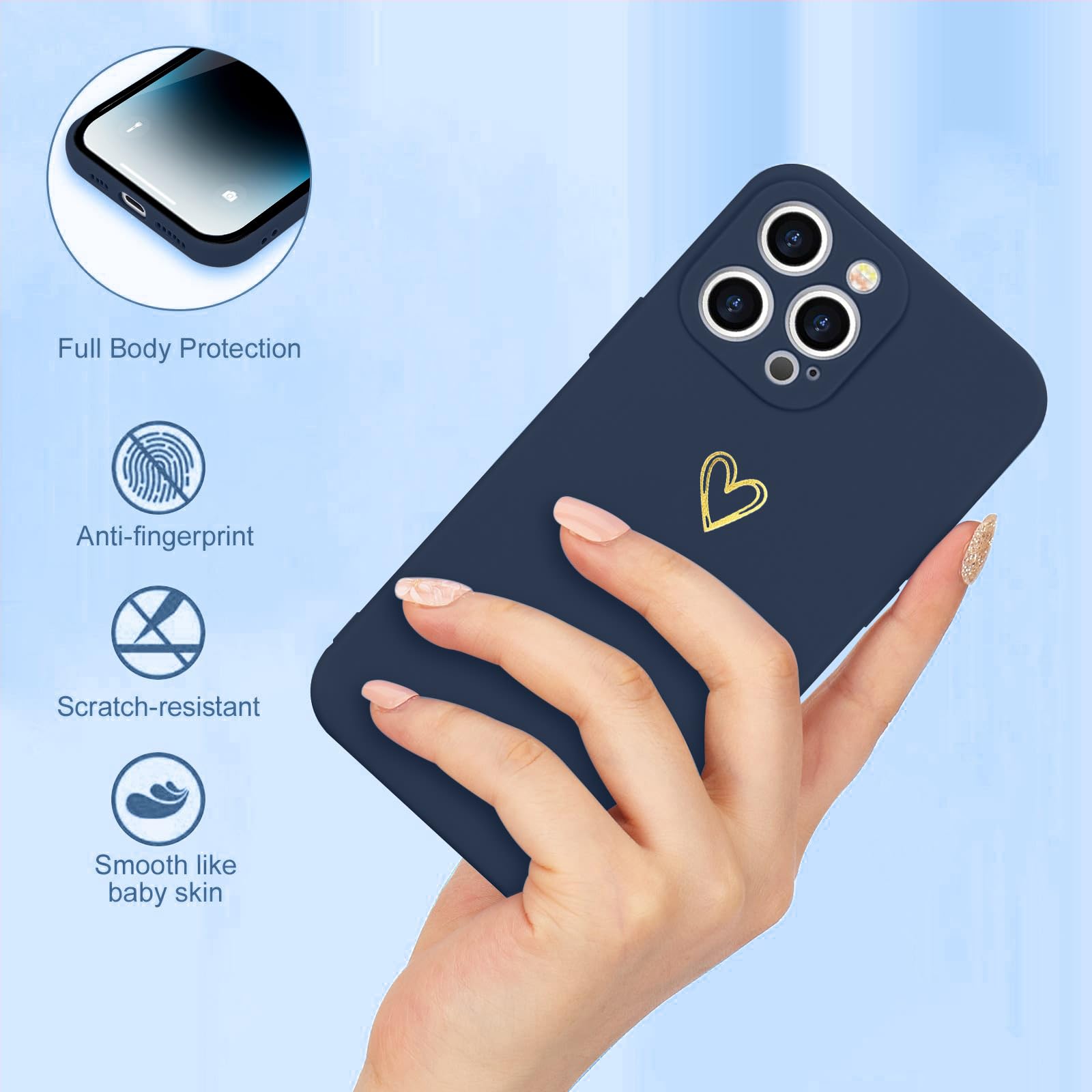 Wirvyuer For Iphone 14 Pro Case Cute Slim Shockproof Phone Case With Wireless Charging Support And Protection, Navy Grey