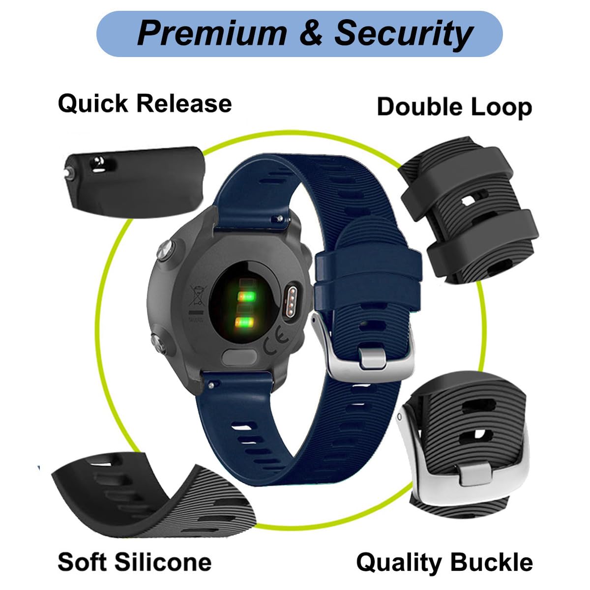 20Mm Watch Band For Garmin Forerunner 55/Forerunner 245/Vivoactive 5/Vivoactive 3, Soft Silicone Band Replacement Strap For Garm