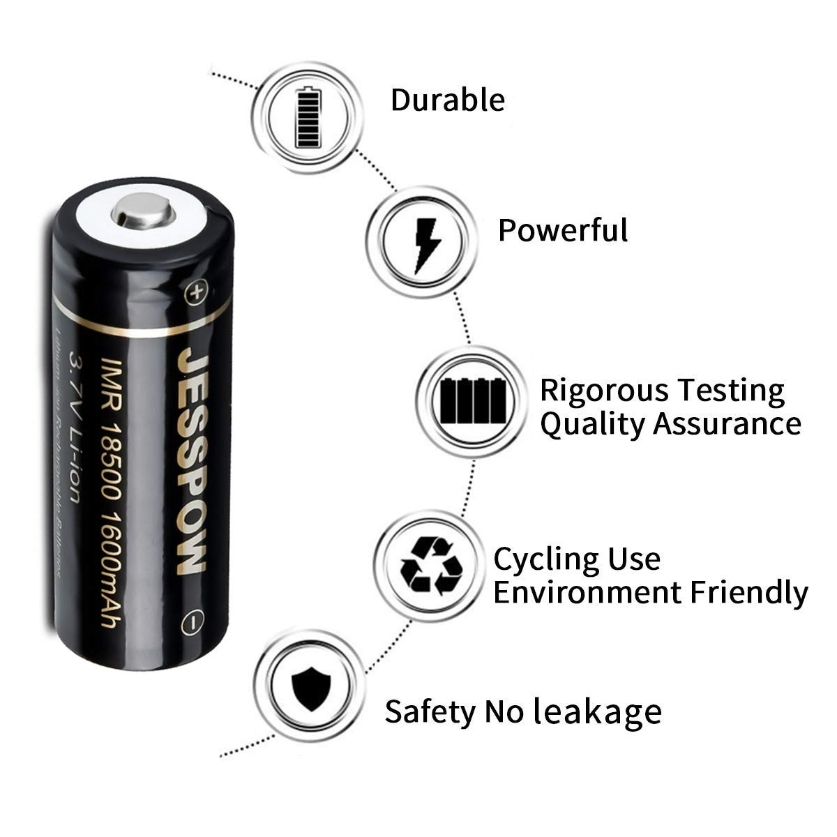 Jesspow 18500 Rechargeable Batteries, Imr 18500 Rechargeable Li-Ion Battery 1600Mah 3.7V [ For Flashlight, Solar Garden Light ]