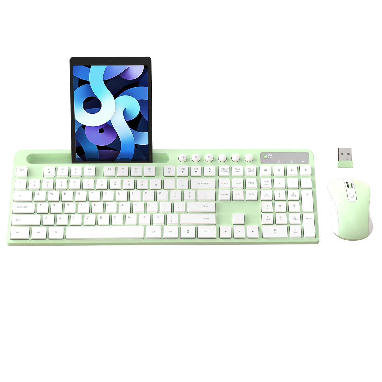 Wireless Keyboard And Mouse Combo, Marvo 2.4G Ergonomic Wireless Computer Keyboard With Phone Tablet Holder, Silent Mouse With 6 Button, Compatible With Macbook, Windows (Green)