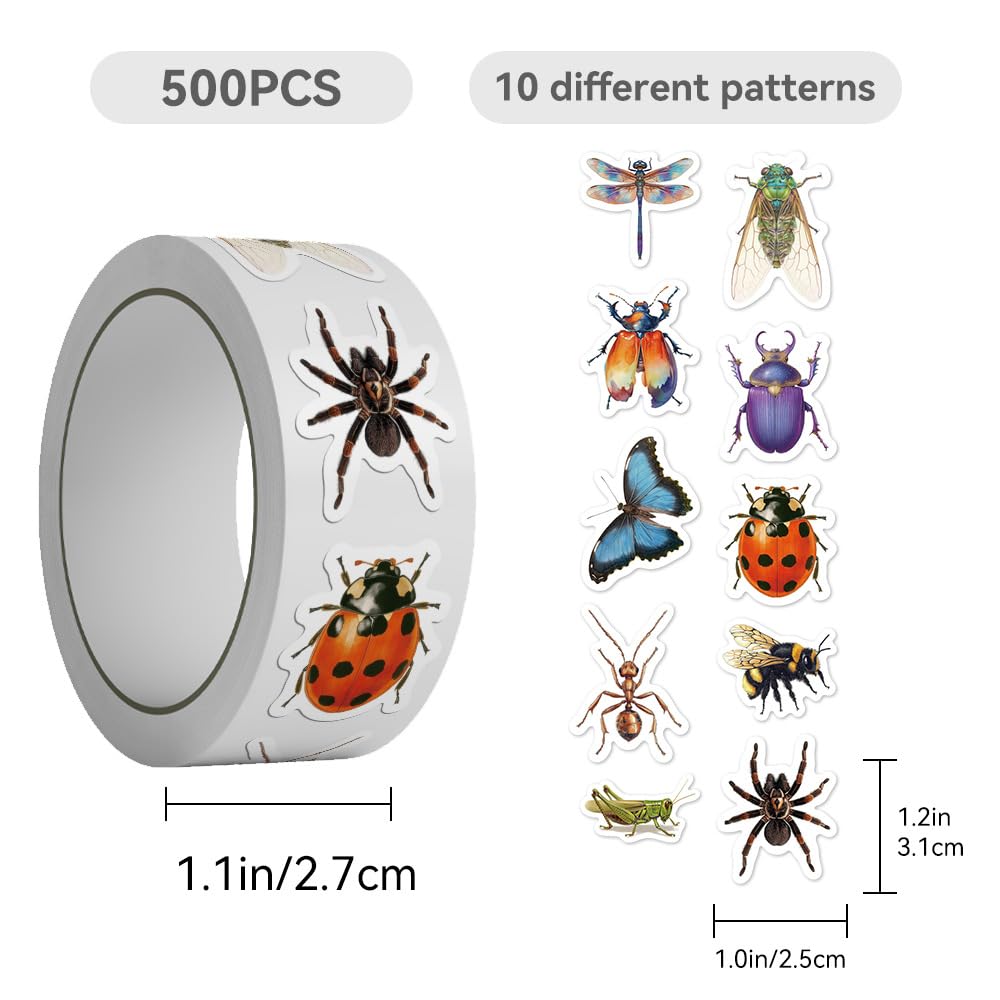 500Pcs Insect Bug Stickers Rolls   10 Design Realistic Nature Insect Sticker Ladybird Beetle Butterfly Bee Decals Insect Aesthet