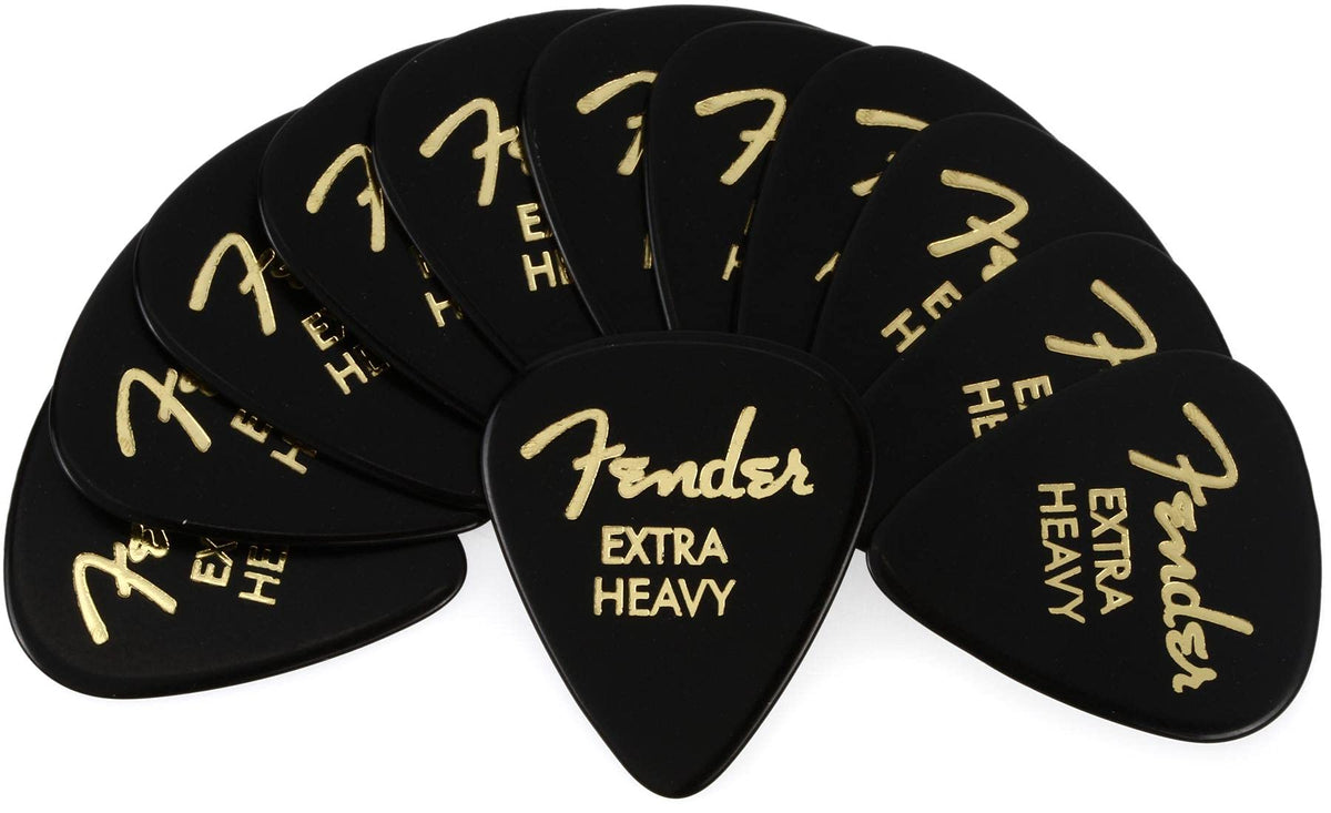 Fender Classic Celluloid Guitar Picks 351 Shape, Black, Extra Heavy, 12 Pack