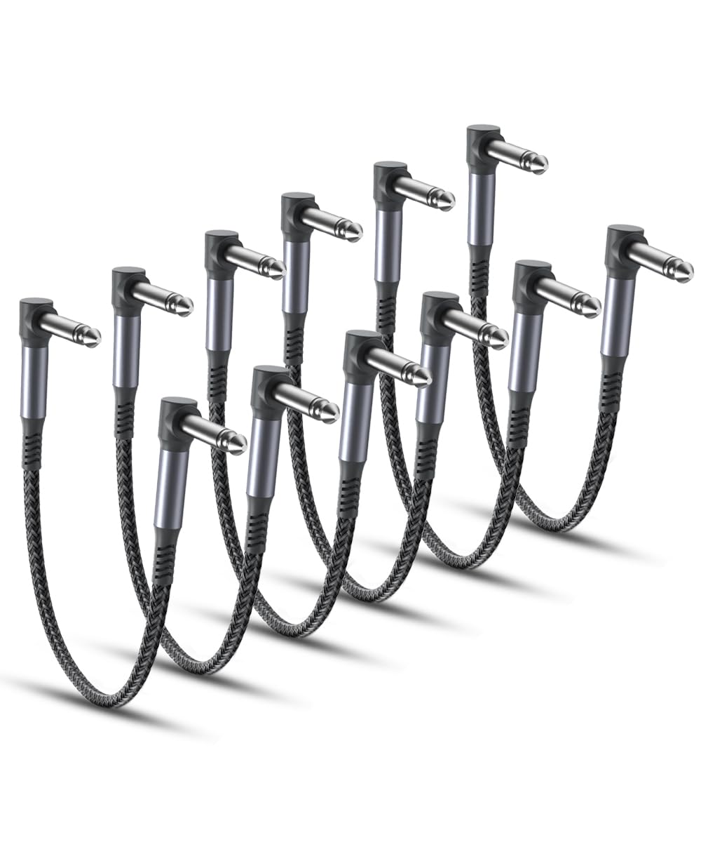 Ruxely Guitar Patch Cables 12 Inch 6 Pack,6.35Mm Effects Pedal Board Cord,Nylon Braided 1/4 Right Angle Instrument Audio Cable,Pedalboard Connector Ts Copper Wire For Amp/Amplifier,Mixer,Electric Bass