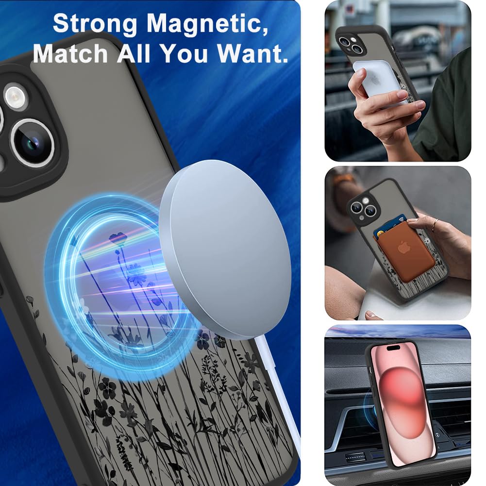 Ook Magnetic For Iphone 15 Plus Case [Compatible With Magsafe] Black Wild Flower Slim Translucent Matte Case Camera Lens Protect