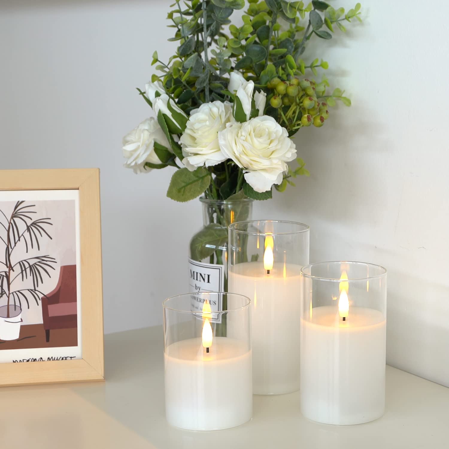 Amagic Clear Glass Flameless Candles Battery Operated With Timer, Remote Control, Led Pillar Candles, Battery Powered, Pure Whit