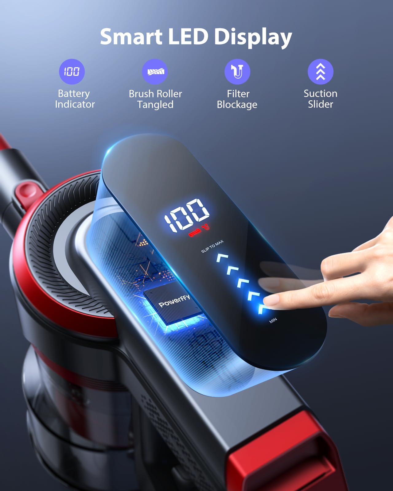 Powerffy Cordless Vacuum Cleaner, 40Kpa/450W Stick Vacuum Cleaner Up To 55 Mins Runtime With Led Touch Screen, Handheld Anti Tan