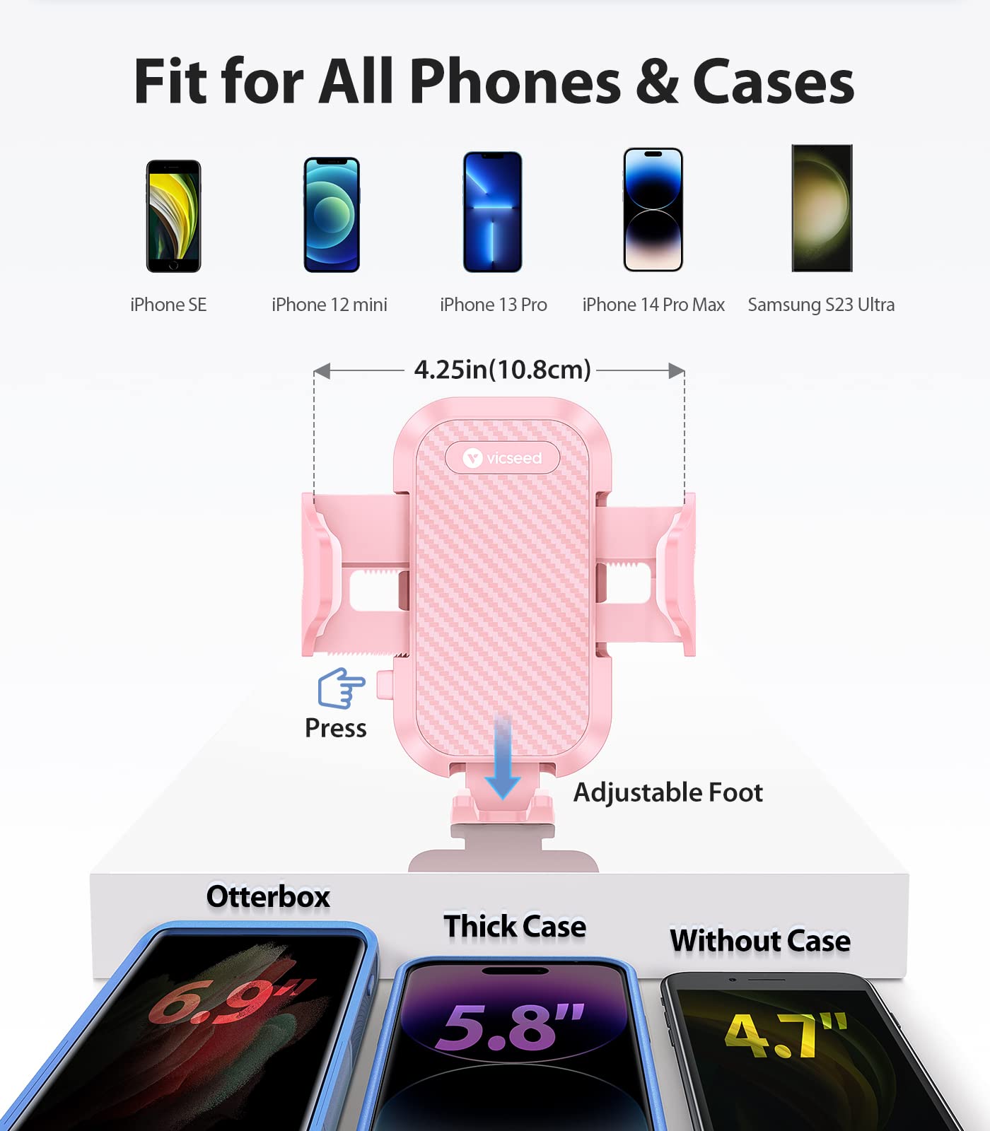 Vicseed Phone Holders For Your Car [Super Suction Power & No Wobbling] Universal Cell Phone Mount Dashboard Windshield Vent Long